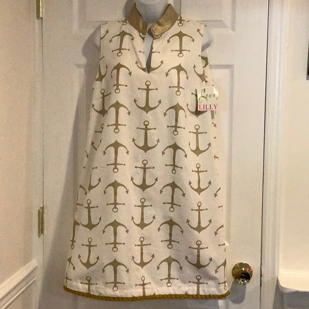 NWT LOVE,LILLY Gold Anchor Nautical Preppy Palm Beach Vacation Shift Dress 12